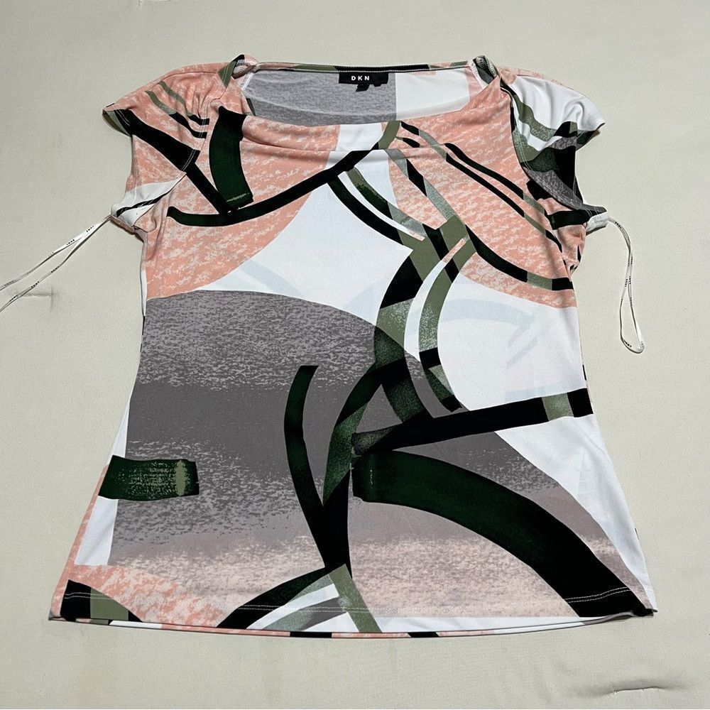 DKNY Women's Top with Pink and Green Abstract Design